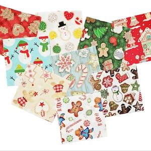 May include: A set of ten 5-inch square fabric squares featuring various Christmas-themed designs. The squares feature images of gingerbread men, candy canes, snowmen, and Christmas trees. The fabric squares are perfect for quilting, crafting, and other creative projects.