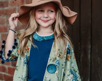 Boho Kimono, Toddler Kimono, Girls Kimono, Open Kimono, Floral Kimono, Bohemian Style Kimono, Toddler Clothing, Pom Pom Kimono, Fall Kimono