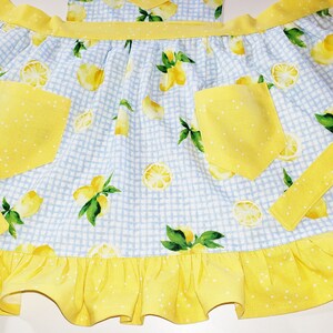 Puede incluir: Delantal a cuadros azules y blancos con un estampado de limones. El delantal tiene dos bolsillos amarillos con lunares y un dobladillo con volantes. Lazos y ribetes amarillos con lunares completan el dise&ntilde;o.
