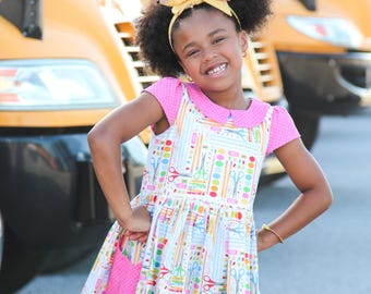 Vestido para la vuelta al cole, vestido para el primer día de clase, vestido de preescolar, conjunto para la vuelta al cole, vestido con material escolar, vestido de kínder, vestido de BTS