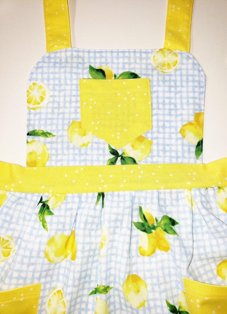 Puede incluir: Delantal con estampado de limones. El delantal presenta un patr&oacute;n de cuadros vichy azul claro con limones amarillos y hojas verdes. Tiene un bolsillo y correas amarillas. Ideal para cocinar o hornear.