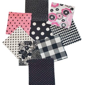 Black, Pink and White Scrap Pack, 5&quot; Fabric Squares, Cotton Fabric Squares, Designer Fabric Squares, Crafting Squares, Project Squares