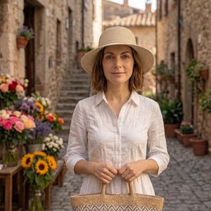 Peut inclure: Une femme porte une robe blanche et un chapeau de paille, tenant un sac fourre-tout tissé. L'arrière-plan présente une rue pavée, des bâtiments en pierre et des présentoirs de fleurs. La robe a des détails brodés.