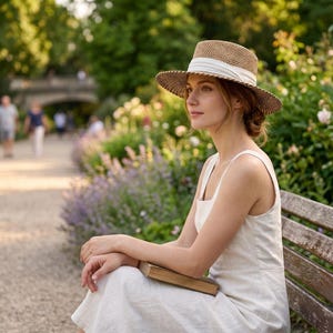 Könnte beinhalten: Eine Frau mit einem Strohhut mit weißem Band sitzt auf einer Holzbank in einem Park. Sie trägt ein weißes Kleid und hält ein Buch. Der Hintergrund zeigt einen Weg, Blumen und Bäume.