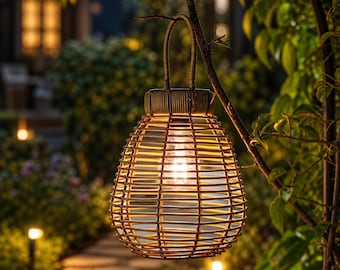 Lampa solarna z rattanu, wisząca lampa LED do użytku na zewnątrz, wodoodporna w stylu boho z ciepłym blaskiem, idealna do dekoracji ogrodu i patio