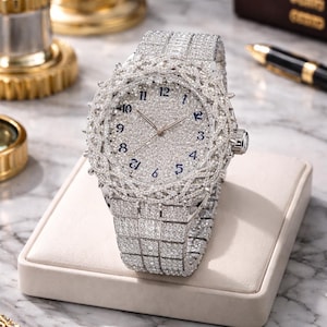 May include: A luxury wristwatch with a silver face and band, covered in small, sparkling gemstones. The watch face has blue numerals and hands. The bezel features a decorative, textured design. The watch is presented on a white surface.