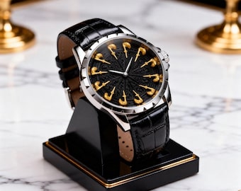 Reloj de cuarzo, color plata, correa de cuero negro, estilo deportivo minimalista.