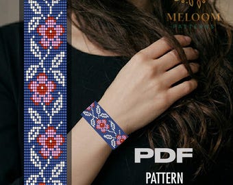 Blue Flower Loom Bracelet Pattern, Miyuki Delica Seed Bead Floral Design (PDF instant Download)