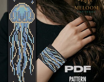 Wide Jellyfish Bead Loom Pattern Bracelet, Miyuki Delica Beadwork Blue Design (PDF instant Download)