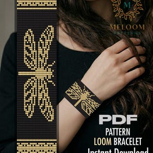 May include: A black and gold loom bracelet featuring a dragonfly motif and geometric borders. The design is presented as a digital PDF pattern for a loom bracelet, including the text MELOOM PATTERNS, PDF PATTERN LOOM BRACELET, and Instant Download.