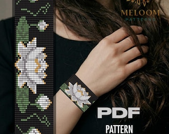 White Lily Loom Bracelet Pattern, Miyuki Delica Floral Beadwork (PDF Instant Download)