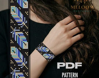 Blue Feathers Loom Bracelet Pattern, Miyuki Delica Handmade Beadwork Design (PDF digital Download)
