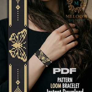 Puede incluir: Pulsera de telar negra con un diseño de mariposa dorada, usada en la muñeca. La imagen también muestra un diseño de patrón con una mariposa y formas geométricas. El texto en la imagen dice "PDF Pattern Loom Bracelet Instant Download."
