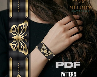 Golden Butterfly Loom Bracelet Pattern, Miyuki Delica Seed Bead Black Design (PDF instant Download)