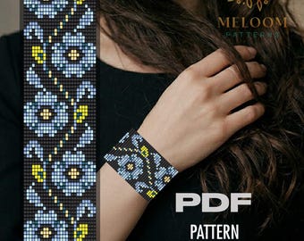 Blue Flowers Bead Loom Pattern Bracelet, Miyuki Delica Beadwork Floral Design (PDF instant Download)