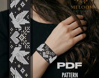 White Birds Loom Bracelet Pattern, Miyuki Delica Handmade Beadwork (PDF Instant Download)