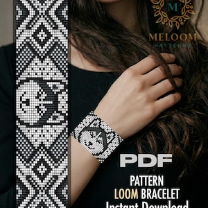 May include: Black and white loom bracelet pattern with a geometric design and a dog face. The image also shows a matching pattern design. The text on the image says "PDF Pattern Loom Bracelet Instant Download".
