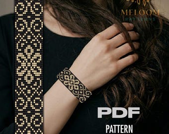 Black Gold Curls Loom Bracelet Pattern | Miyuki Seed Bead Whirls Design (PDF instant Download)