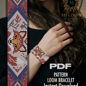 May include: A loom bracelet pattern with a fox design, displayed on a wrist. The bracelet features red, white, yellow, and blue beads. The image also shows a larger pattern design and the text "PDF PATTERN LOOM BRACELET Instant Download".