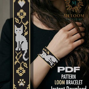 May include: A PDF loom bracelet pattern featuring a pixelated design of a white cat, flowers, a heart, and a paw print on a black background with gold accents. The text reads PDF PATTERN LOOM BRACELET Instant Download and MELOOM PATTERNS.