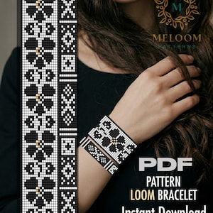 May include: A digital PDF pattern for a loom bracelet featuring a black and white grid design with floral motifs and geometric accents. The pattern includes a vertical strip of repeating flower shapes and a secondary column of diamond patterns.