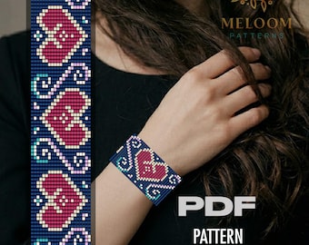 Curl Hearts Loom Bracelet Pattern, Miyuki Delica Beadwork Handmade Design (PDF Instant Download)