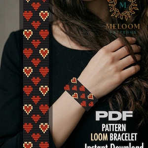 May include: A PDF pattern for a loom bracelet featuring a repeating heart design in red, orange, and yellow on a black background. The pattern is displayed as a vertical strip next to a bracelet worn on a wrist, with text reading PDF PATTERN LOOM BRACELET Instant Download.