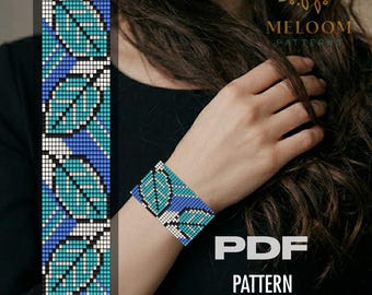 Turquoise Leaves Bead Loom Pattern Bracelet, Miyuki Delica Beadwork Design (PDF instant Download)