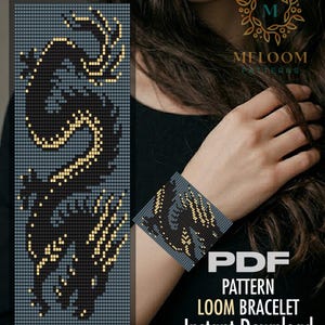 May include: A digital PDF pattern for a loom bracelet featuring a pixelated dragon design in black, grey, and yellow. The pattern includes a grid layout and the text MELOOM PATTERNS, PDF PATTERN LOOM BRACELET Instant Download on the image.