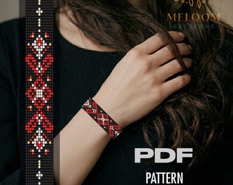 Gothic Loom Bead Bracelet Pattern | Miyuki Delica Red Black Art Design (PDF instant Download)