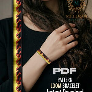 May include: A black loom bracelet with a yellow and red flame design is shown on a wrist. The image also displays a PDF pattern for a loom bracelet with the text "Pattern Loom Bracelet Instant Download". The Meloom Patterns logo is visible.