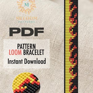 May include: A PDF pattern for a loom bracelet with an instant download option. The image shows a close-up of a beaded bracelet design in black, red, and yellow, along with a sample of the pattern. The text includes "PDF", "Pattern", "Loom Bracelet", and "Instant Download".