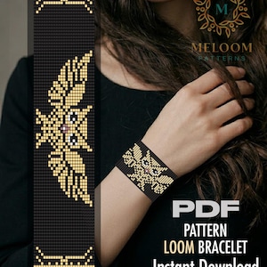 Padrão de pulseira Golden Owl Loom, design preto com miçangas Miyuki Delica (download instantâneo em PDF)