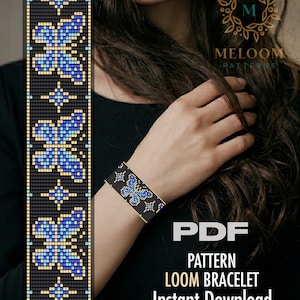 May include: A black loom bracelet with a blue butterfly design is displayed on a wrist. The bracelet is made of small beads. The image also shows a pattern design with a butterfly and star pattern. Text on the image reads "PDF Pattern Loom Bracelet Instant Download."