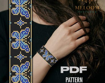 Blue Butterfly Loom Bracelet Pattern, Miyuki Delica Seed Bead Turquoise Design (PDF instant Download)