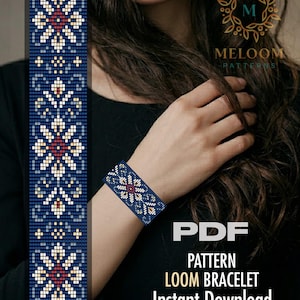 May include: A dark blue loom bracelet with a floral pattern in white, red, and yellow is displayed. The bracelet is worn on a wrist. The image also includes a matching pattern and the text "PDF PATTERN LOOM BRACELET Instant Download".