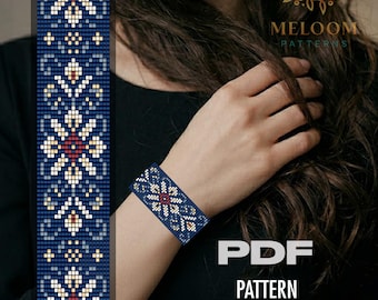 Blue Flower Loom Bracelet Pattern, Miyuki Delica Beadwork Floral Design (PDF Download)
