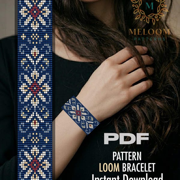 Mönster för armband med blått blommönster, Miyuki Delica pärlbroderi med blommönster (PDF-nedladdning)