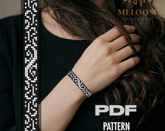 Miyuki Delica Loom Bracelet Pattern | Black White Curls Seed Bead Design (PDF Instant Download)