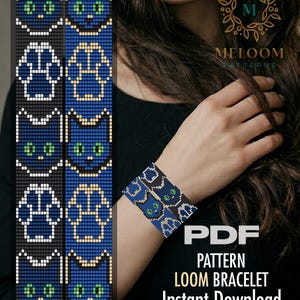 May include: A beaded loom bracelet featuring a cat face and paw print design in blue, black, and white. The bracelet is worn on a wrist. The image also shows a pattern design with the text "PDF PATTERN LOOM BRACELET Instant Download".