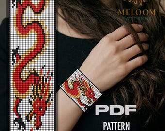 Red Dragon Bead Loom Bracelet Pattern, Miyuki Delica Beadwork Design (PDF instant Download)