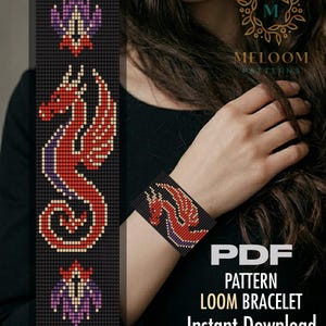 May include: A PDF loom bracelet pattern featuring a pixelated red dragon design on a black background with purple and red floral accents. The pattern is displayed as a vertical strip and as a finished bracelet. Text includes MELOOM PATTERNS and PDF.