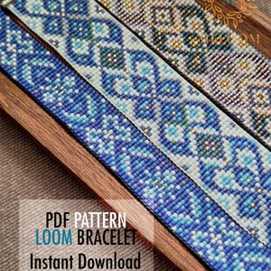 May include: Close-up of three beaded loom bracelets in shades of blue, white, and gold, with intricate geometric patterns. The bracelets are displayed on a wooden surface. Text on the image reads "PDF Pattern Loom Bracelet Instant Download."