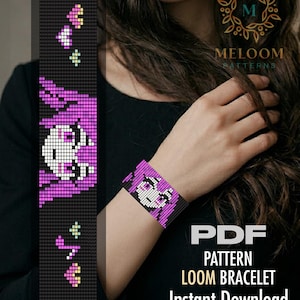 May include: A digital PDF pattern for a loom bracelet featuring a pixel art design of a character with bright pink hair and purple eyes against a black background, accented with small colorful heart and star motifs, presented as a downloadable file.