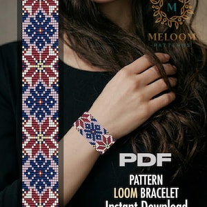 May include: A beaded loom bracelet with a geometric pattern in shades of navy blue, burgundy, and cream is displayed on a wrist. The image also shows a matching pattern design. Text on the image reads "PDF Pattern Loom Bracelet Instant Download."