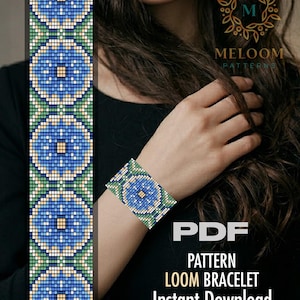 May include: A PDF pattern for a loom bracelet with a blue floral design. The bracelet and pattern feature a repeating pattern of blue flowers with yellow centers and green accents. The text "PATTERN LOOM BRACELET Instant Download" is also visible.