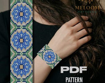 Azul Flowers Loom Bracelet Pattern, Miyuki Delica Beadwork Floral Turquoise Design (PDF Download)