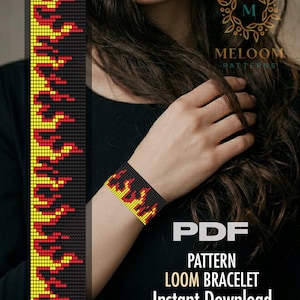 May include: Black loom bracelet with a flame design in red and yellow. The bracelet is shown on a wrist. The image also includes a pattern design with the text "PDF Pattern Loom Bracelet Instant Download". The Meloom Patterns logo is in the upper right corner.