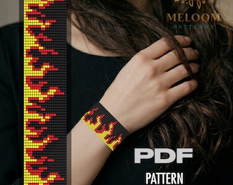 Fire Bead Loom Bracelet Pattern, Miyuki Delica Seed Bead Flame Design (PDF Download)