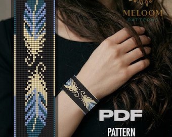 Feather Blue Bead Loom Pattern Bracelet, Miyuki Delica Handmade Beadwork Design (PDF instant Download)